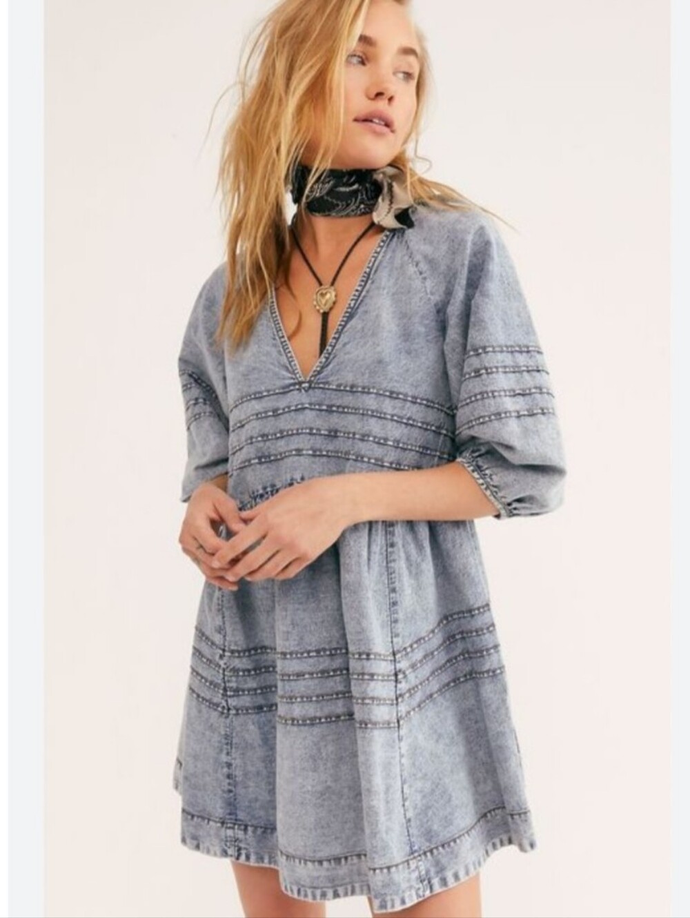 Free People washeddenim puff sleeve open, tie-back mini dress - Picture 2 of 14